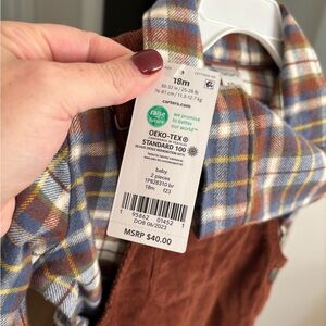 Carter's Plaid and Brown Kids overall and flannel set.
